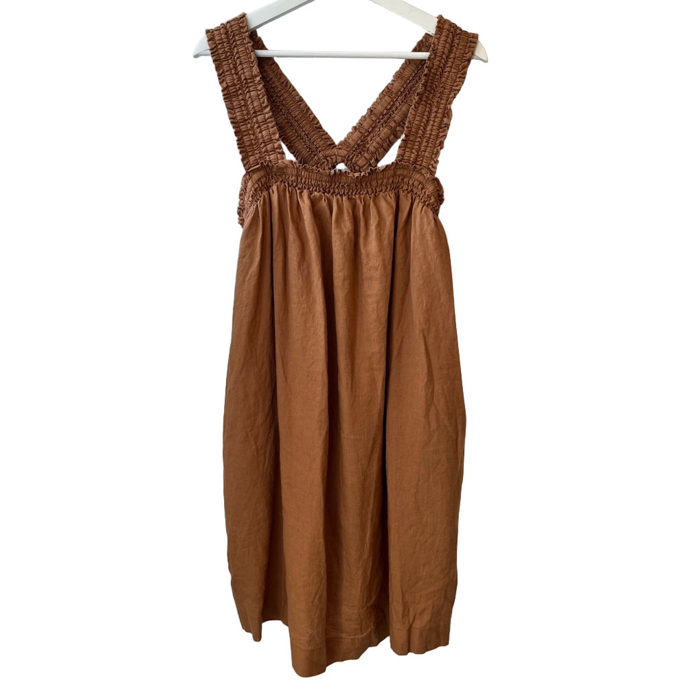 Everlane The Smocked Linen Mini Dress Rust Light Brown Sleeveless Relaxed Fit XL - Picture 3 of 11